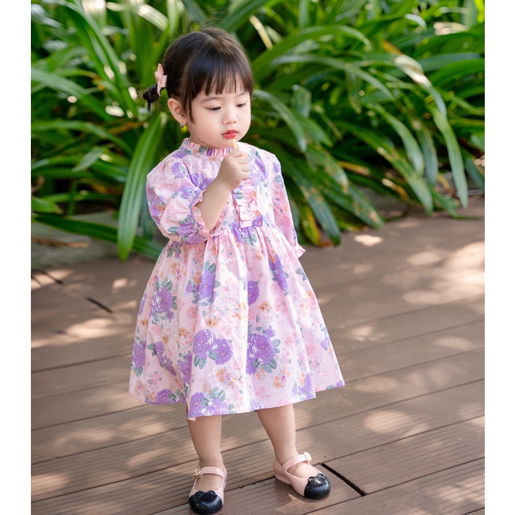 Váy Tay Lỡ Carrot Cho Bé Gái, Bèo Viền Ngực, Hoạ Tím Xinh Xắn, Chất Liệu Thô Cotton