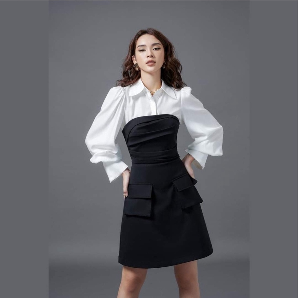 🔥𝓠𝓾ả𝓷𝓰 𝓒𝓱â𝓾 CAO CẤP🔥 Set áo sơmi croptop và đầm xòe chữ A cúp ngực phối túi màu đen nude vải lụa chéo phi mờ la