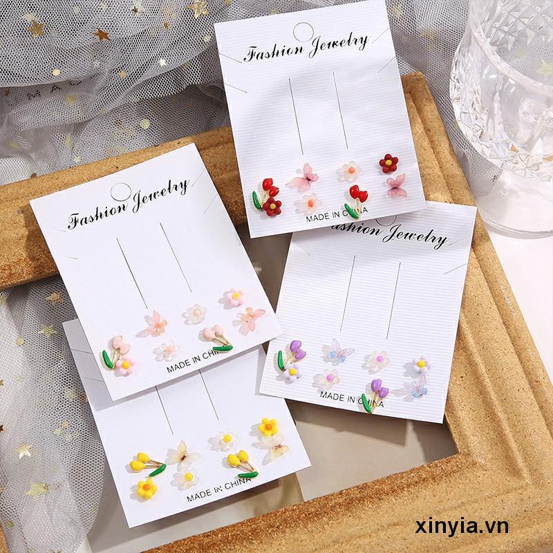 Bộ Khuyên Tai Hình Trái Tim/Bướm/Hoa/Hạt Ngọc Nhiều Màu Cho Nữ