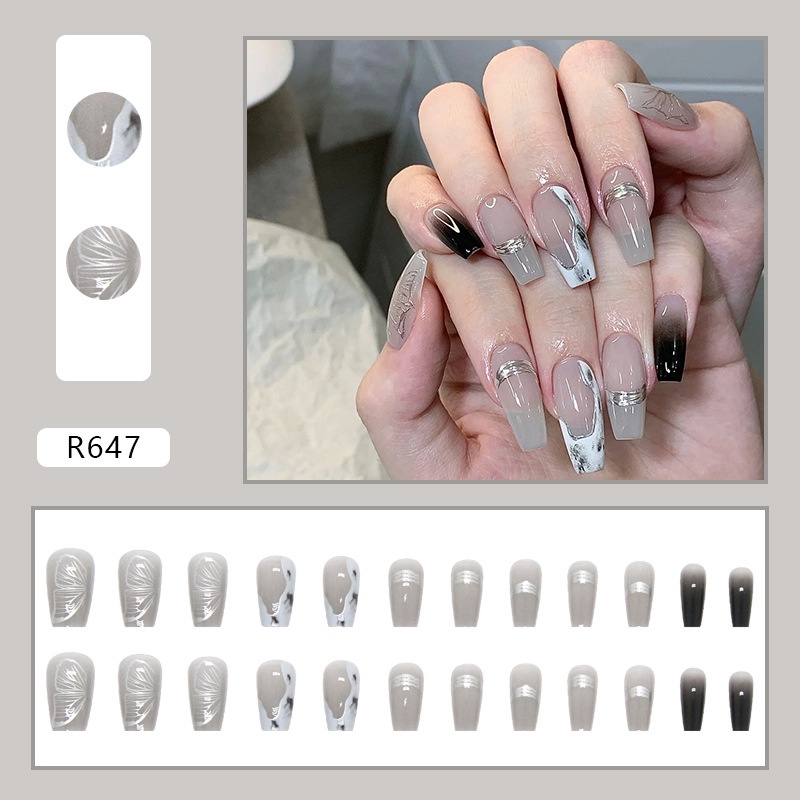 Hộp 24 Móng Tay Giả Màu Xám Gradient R647