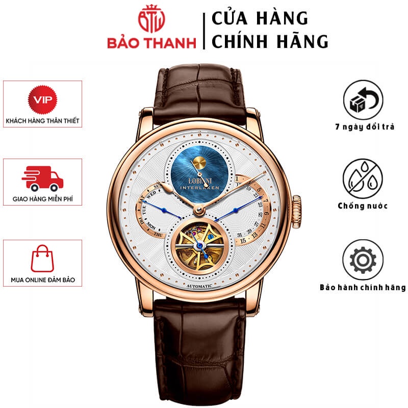 Đồng Hồ Nam LOBINNI No.16015 Chính Hãng BH 24T Chịu Nước 50m Kính Chống Xước Dây Da Cao Cấp (Máy Cơ Tự Động)