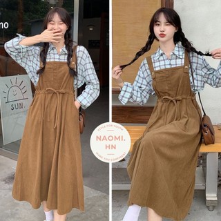 Váy yếm 2 dây bản to form rộng NHUNG TĂM BUỘC EO dáng xòe, váy yếm gân tăm nữ dáng dài rộng nhung tăm babydoll