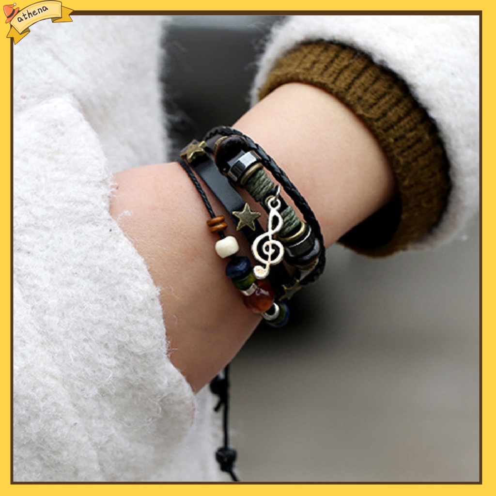 Vòng tay da phối hạt kiểu dáng thời trang thanh lịch cho nam và nữ