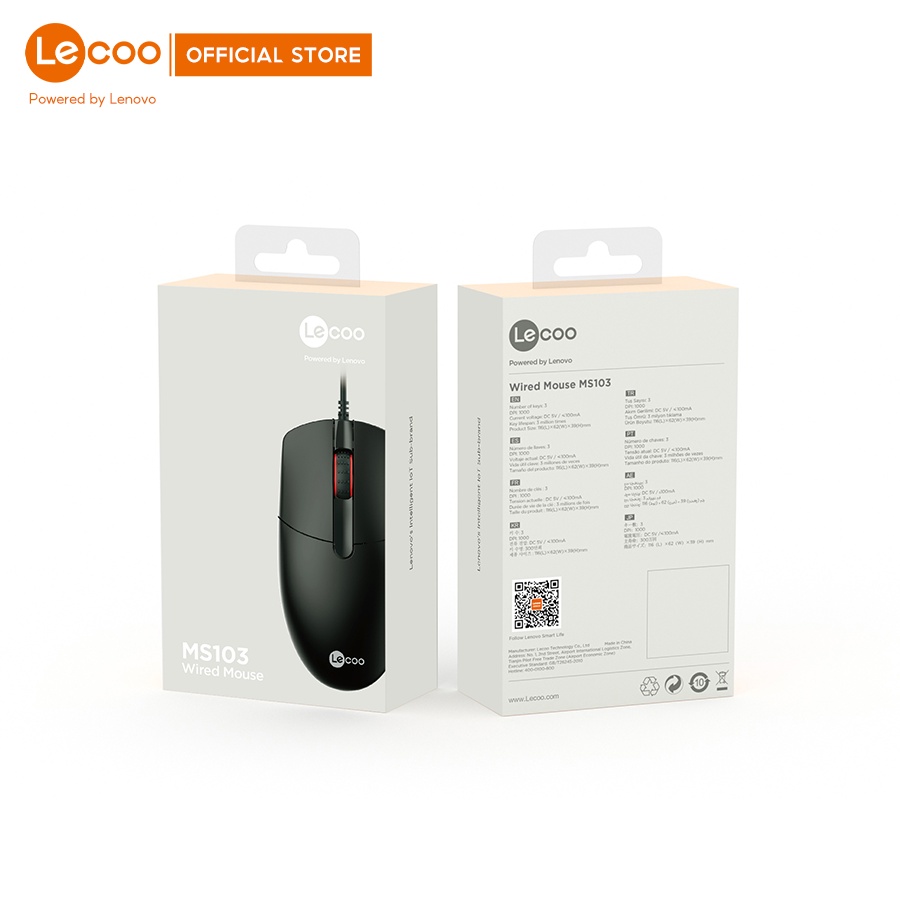 Chuột máy tính văn phòng có dây Lecoo MS103 - dây dài 1m5, thiết kế ôm tay, thuận cả 2 tay BH 24 tháng