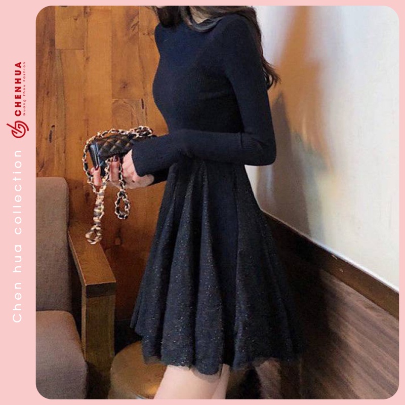 Váy len dài tay ChenHua đầm len nữ dáng ngắn chất len dày dặn đẹp VT13