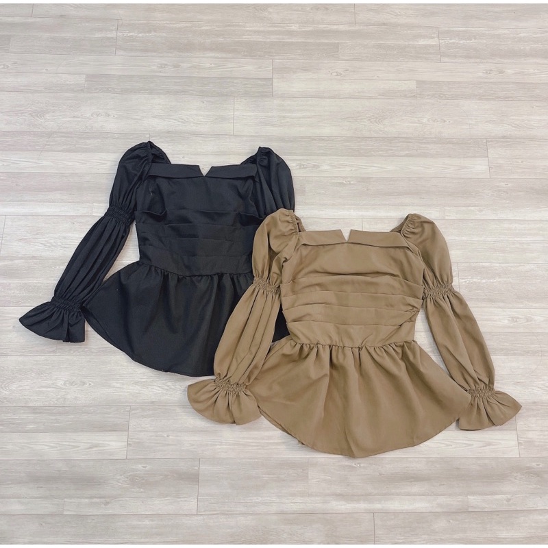 Áo cổ vuông cách điệu xếp li tay bồng chun đủ size S M L huyen hip