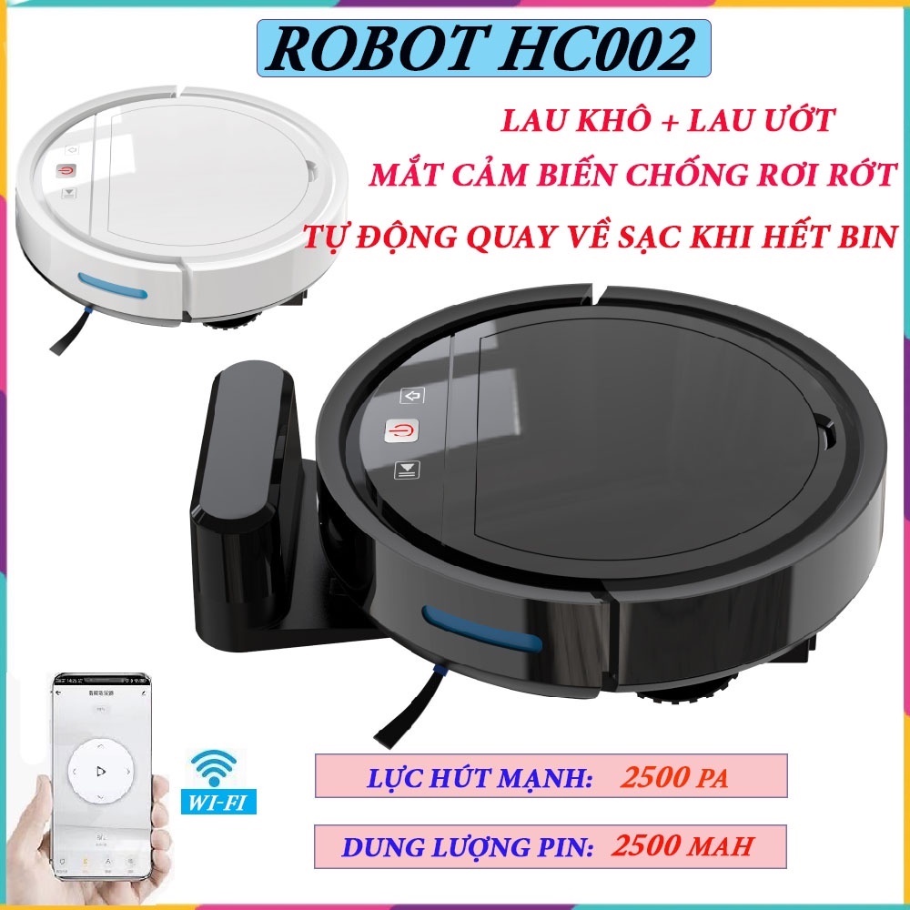Robot Hút Bụi Lau Nhà HC002 Tự Sạc Pin-Hút Siêu Khỏe- Điều khiển APP,Bằng Giọng Nói-Chống rơi, Giá tốt-BH 1 ĐỔI 1.