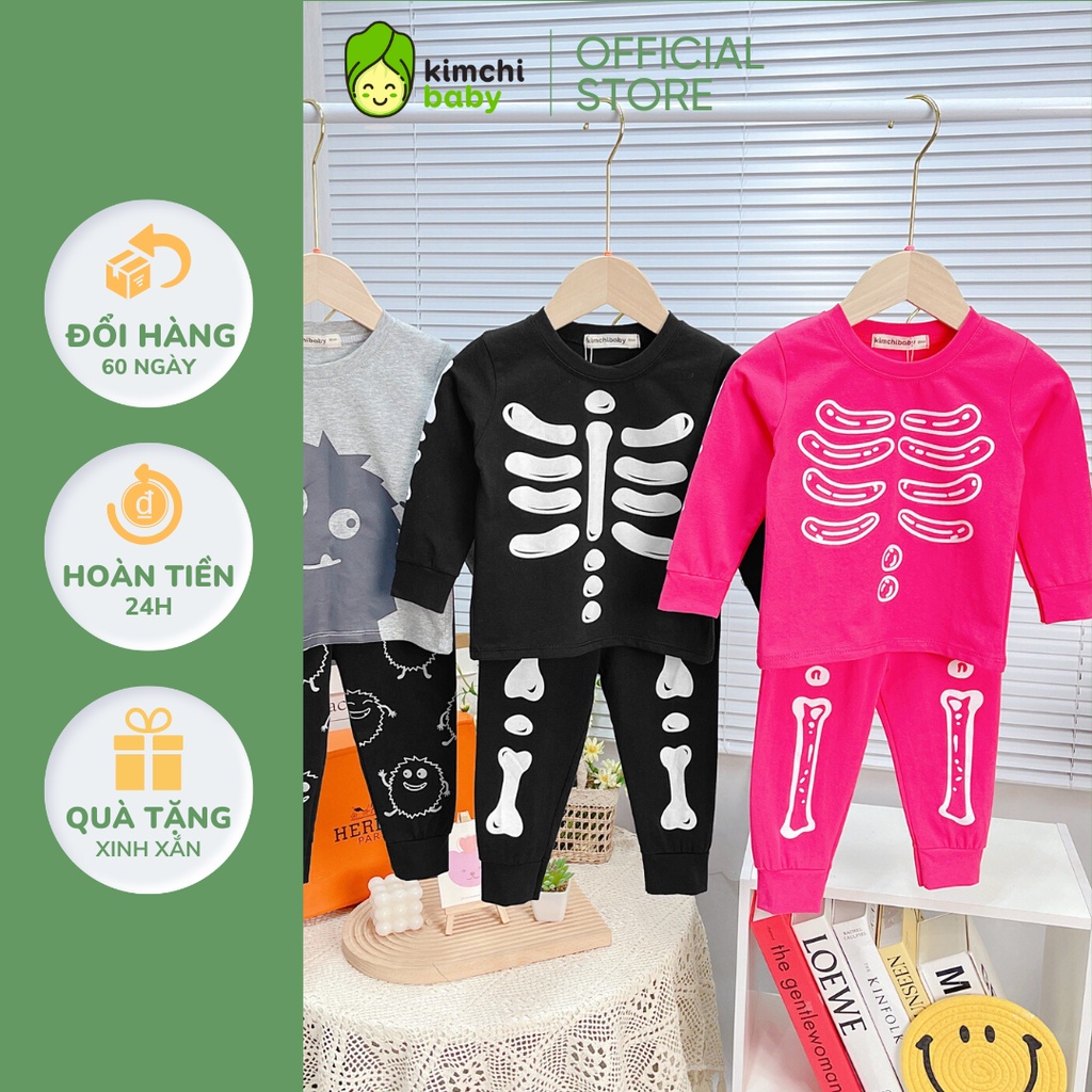 Bộ Quần Áo Bé Gái, Bé Trai KIMCHIBABY Vải Cotton 4C Dư Xịn Hoạ Tiết Halloween, Bộ Dài Tay Cho Bé Mặc Nhà MKMTD2240