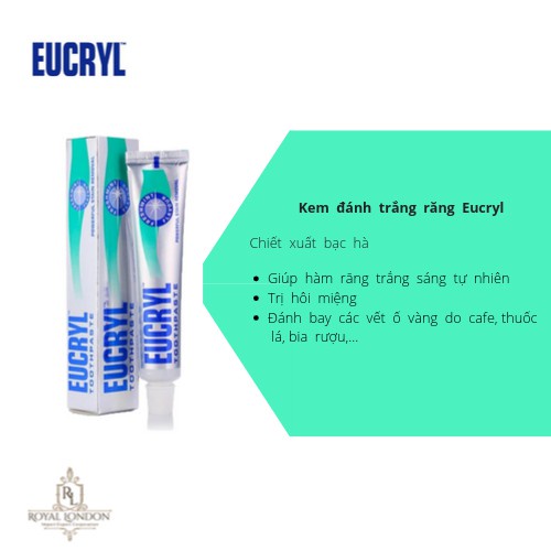 Kem đánh răng Eucryl 62g và Bột tẩy trắng răng Eucryl 50g nhập khẩu Anh quốc