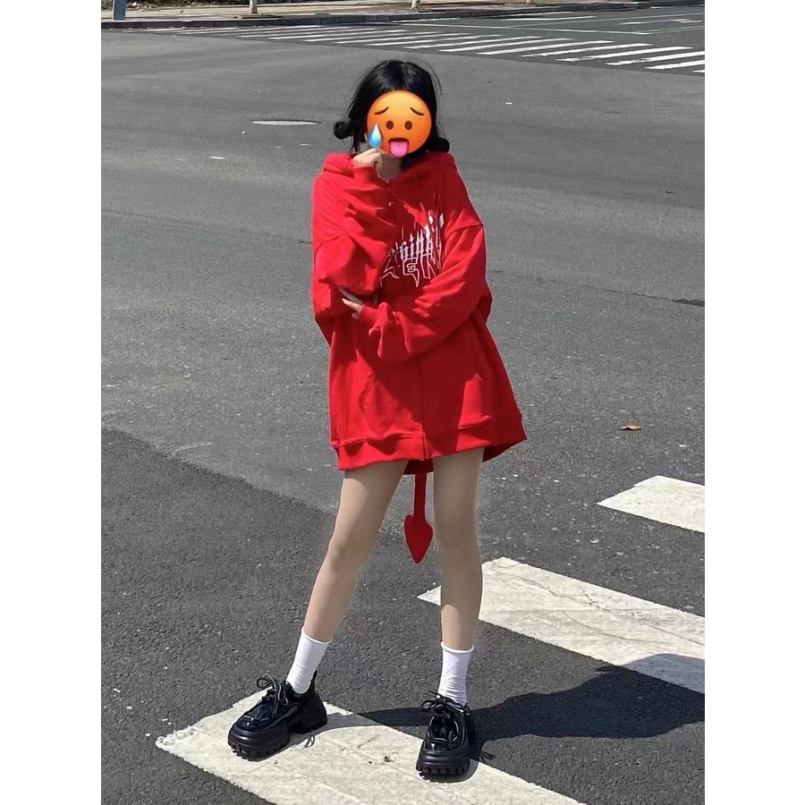 Áo Hoodie Lót Lông Cừu Dày Dặn In Hình Ác Quỷ Dễ Thương Ngọt Ngào Cho Nữ