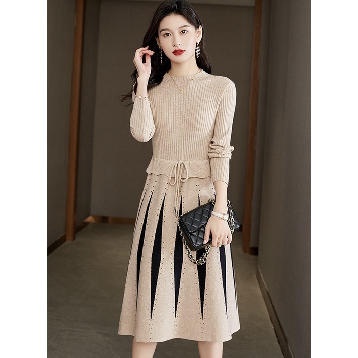 VÁY LEN XÒE CHẤM BI RÚT DÂY 2 MÀU CHO NỮ