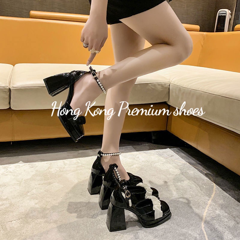 Hong Kong Premium shoes Giày Cao Gót Mary Jane Nữ Mũi Vuông Gót Dày Đính