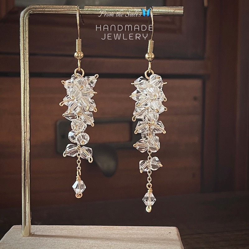 Bộ trang sức hoa tai đính chùm pha lê rơi, lấp lánh