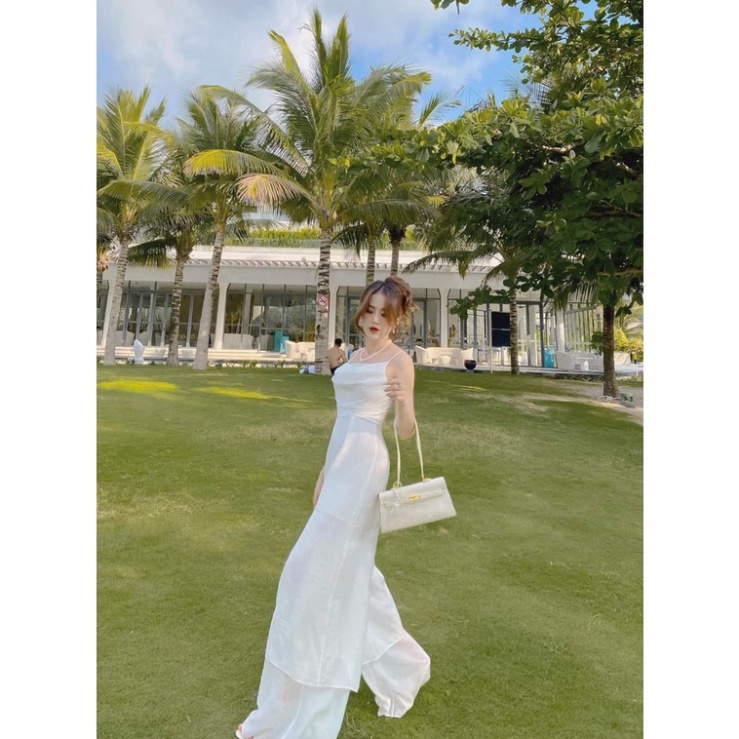 🔥𝓠𝓾ả𝓷𝓰 𝓒𝓱â𝓾 CAO CẤP🔥 Jumpsuit dài ống loe rộng hai tầng áo hai dây cổ đổ màu trắng cam đất đen vải voan lụa lad