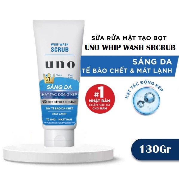 Sữa Rửa Mặt Tạo Bọt Uno Dạng Hạt Tẩy Tế Bào Chết Dưỡng Sáng Da Cho Nam Giới UNO Whip Facial Scrub Wash 130g