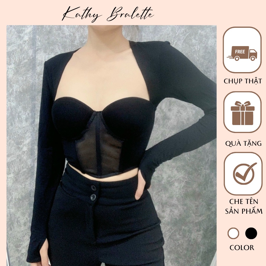 A14 Áo Kiểu tay Dài cúp Ngực Corset Tay Dài Body Kiểu Dáng Croptop Vạt Nhọn Tôn Dáng Mút Vừa Basic m179