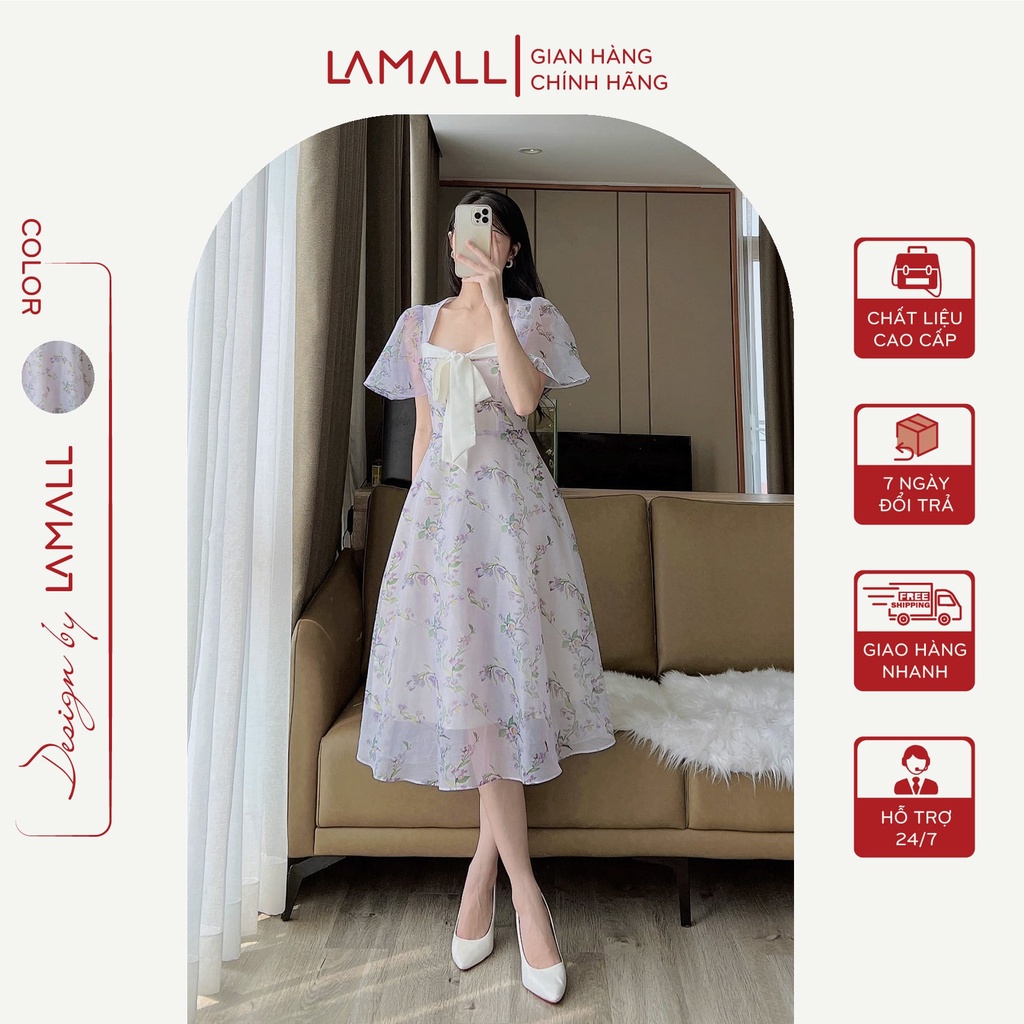 Váy Thiết Kế Tiểu Thư LAMALL Sang Chảnh Phong Cách Nhẹ Nhàng, Nữ Tính, Chất Liệu Tơ Óng, Hoạ Tiết Hoa Tím Nữ Tính - V05