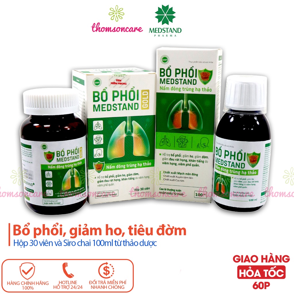 Bổ Phổi Medstand - Giúp giảm ho, đau rát họng, giảm đờm từ Đông trùng hạ thảo, lá thường xuân - Hộp 30 viên, Siro 100ml