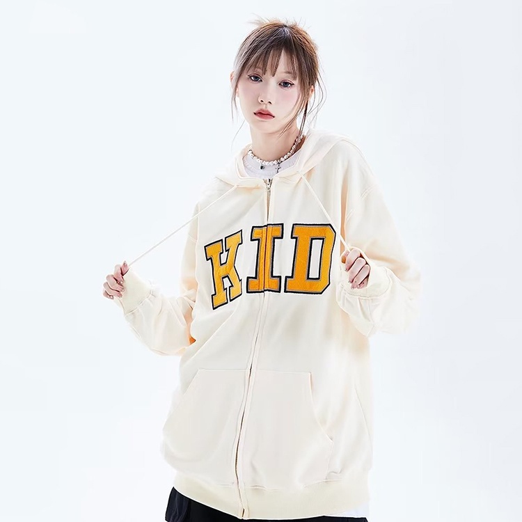 IELGY    Áo Khoác Hoodie Có Khóa Kéo Thêu Chữ Phong Cách Mỹ Cổ Điển Thời Trang Cho Nữ