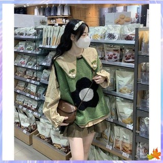áo ghi lê nữ Set Áo Sơ Mi Cổ Búp Bê + Áo Khoác Ghi Lê Dệt Kim In Hoa Nhiều Lớp Phong Cách Nhật Bản