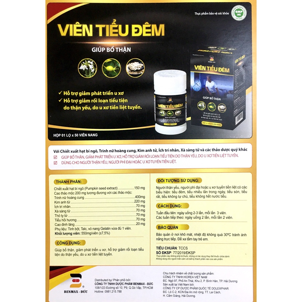 Viên Tiểu Đêm BENMAX BenD hộp 50 viên, hỗ trợ giảm phát triển u xơ, hỗ trợ giảm rối loạn tiểu tiện do thận yếu