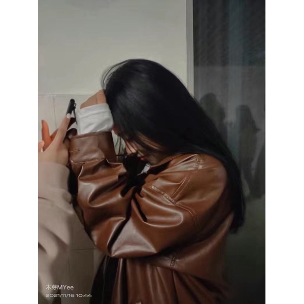 Áo khoác da trơn dáng bomber unisex