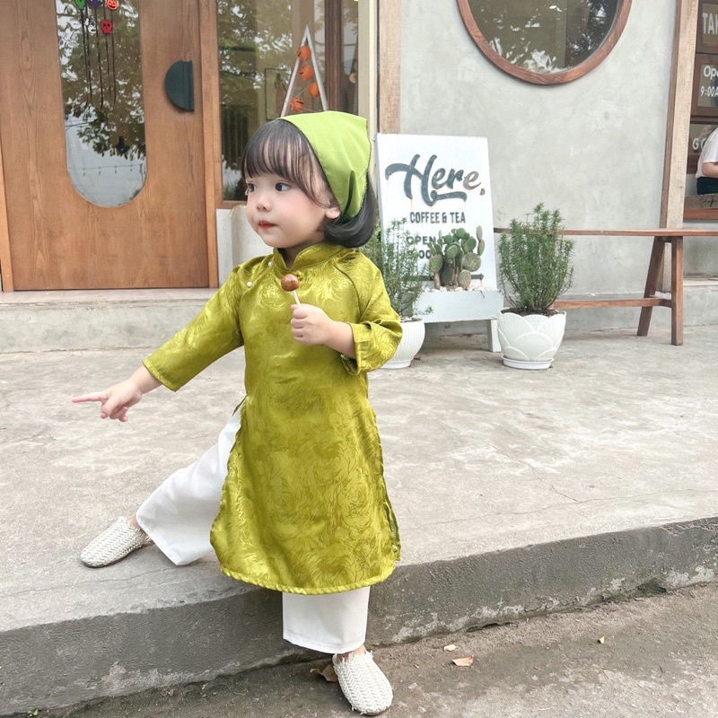 Bộ áo dài gấm xanh hồng bé gái