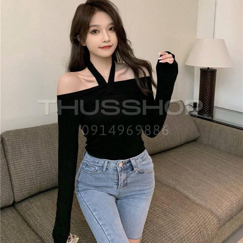 Áo Trễ Vai Cổ Yếm Chéo 2 Dây Dài Tay, Áo Kiểu Nữ BIG SIZE Hở Vai Dáng Ôm Form Rộng Chất Cotton Co Dãn THUS760