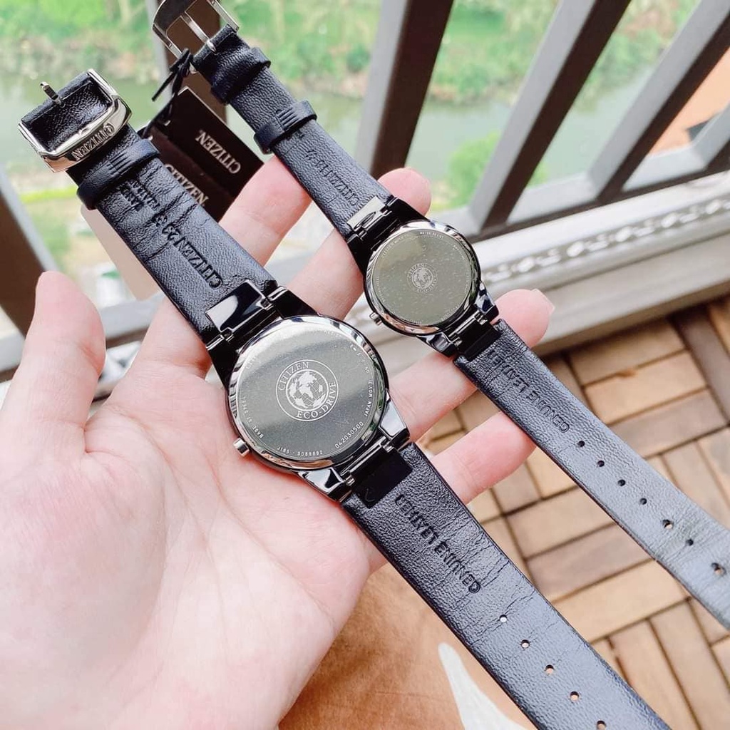 Đồng hồ đôi nam nữ dây da Citizen Eco Drive AU1065 07E và GA1055 06E