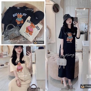 Đầm suông, váy xuông chất cotton in gấu hello dáng rộng cổ tròn hai màu không túi