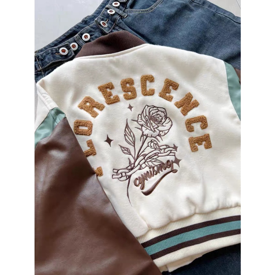 Áo bomber nữ dáng ngắn croptop phối tay da shop Đậu Xinh - B303