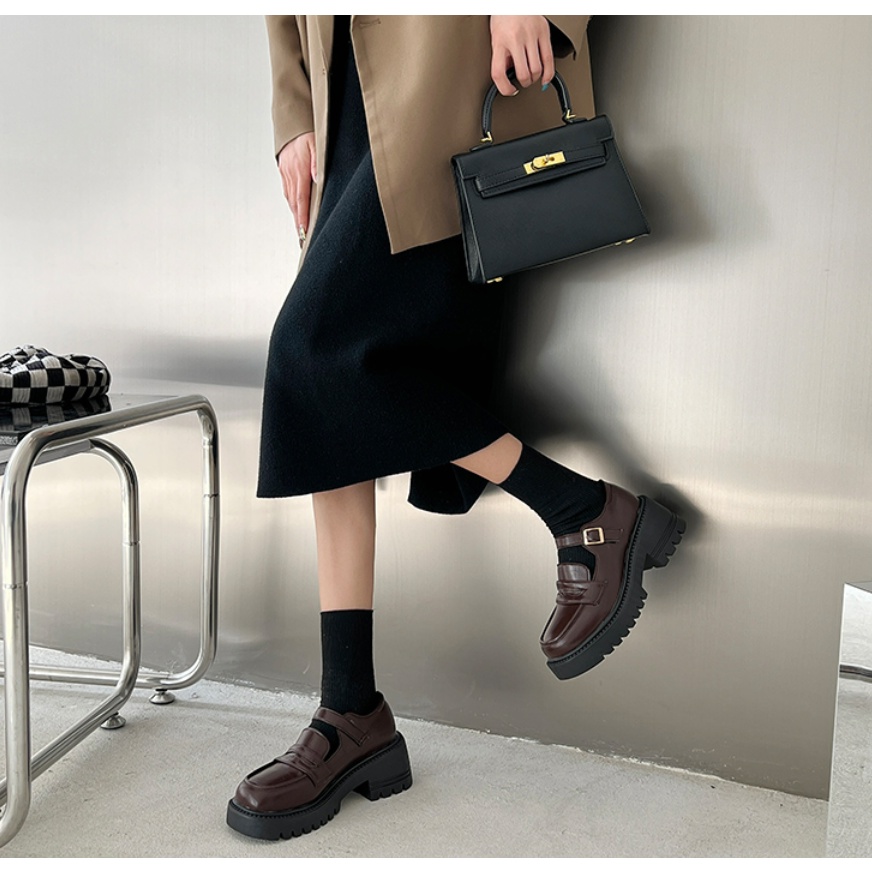 Giày Loafer Nữ Bánh Mì	Đế Cao 5 Phân Mũi Vuông Phong Cách Nhật Bản