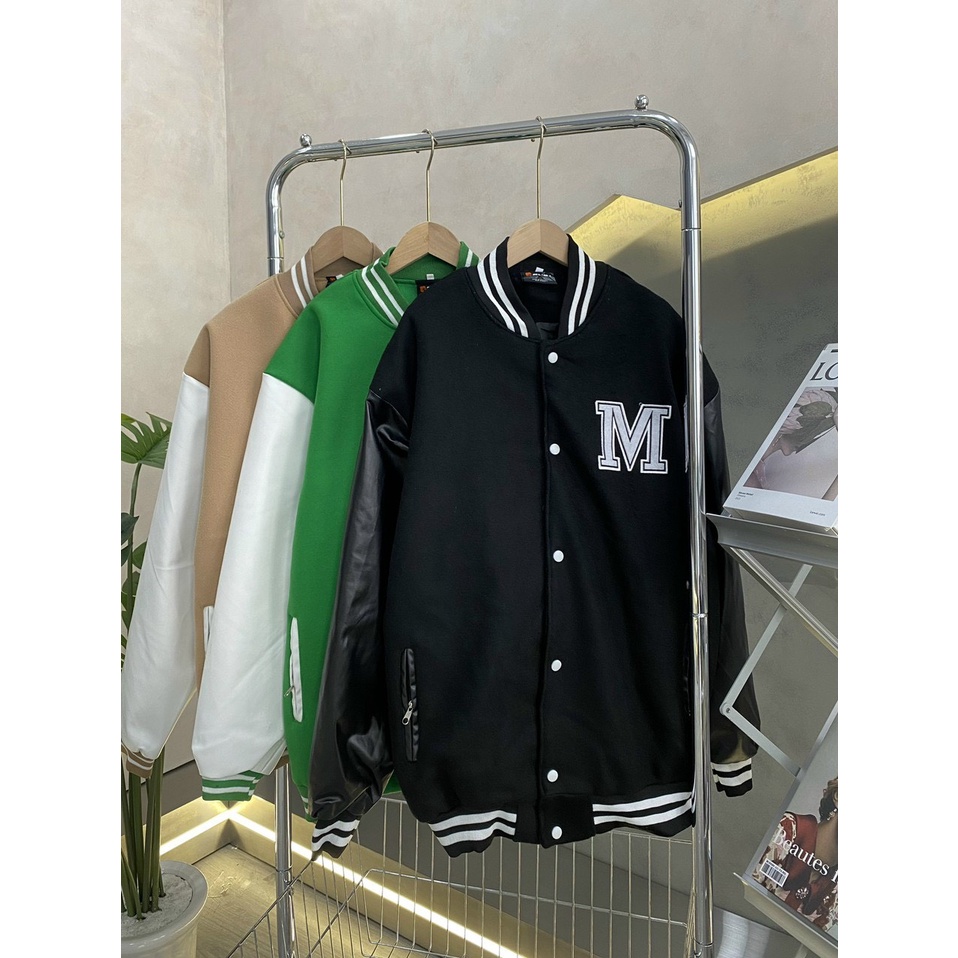 Áo Khoác Bomber Varsity Nỉ Dạ Tay Da Thêu Chữ M 3 Màu Nam Nữ Full Đen Unisex Hàng 2 Lớp