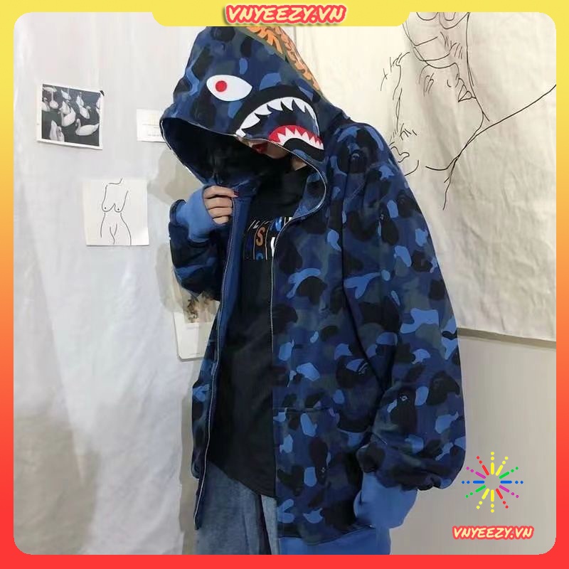 Áo khoác cá mập hoodie bape áo hoodie Cặp nam nữ có dây kéo unisexhàn màu lam