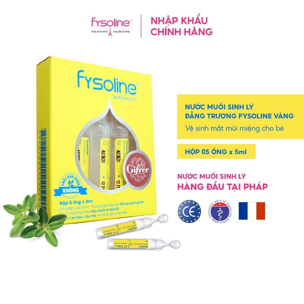Fysoline - Nước muối sinh lý Kháng khuẩn Pháp - Hỗ trợ nghẹt mũi, viêm mũi, sổ mũi (5 ống)