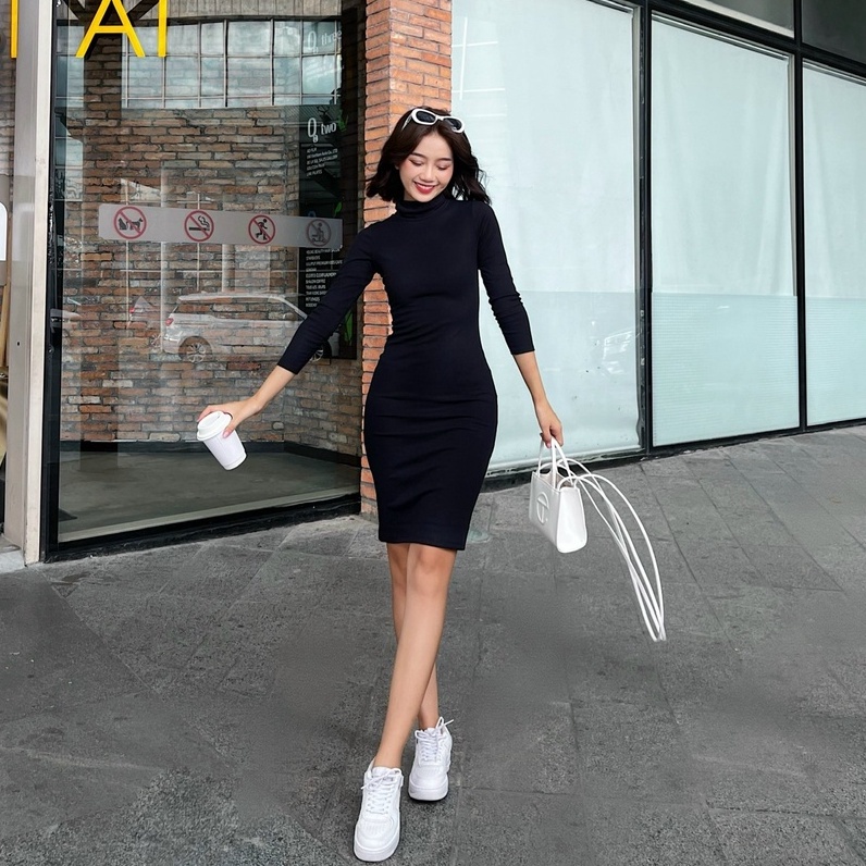 Đầm body tay dài TOPTIFY form dài kiểu cổ lọ dài tay basic Gora Dress DT17