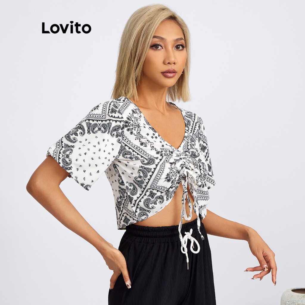 Áo kiểu Lovito họa tiết paisley dây rút thắt dây đơn giản L18X066 (màu trắng)