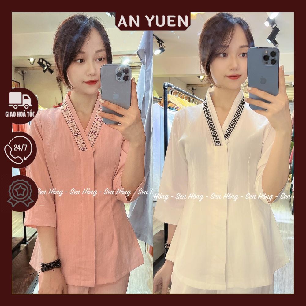 QUẦN ÁO PHẬT TỬ CAO CẤP - pháp phục nữ vải đũi Nhật mát nhẹ - áo lam đi chùa cổ V không thêu lên dáng đẹp B40