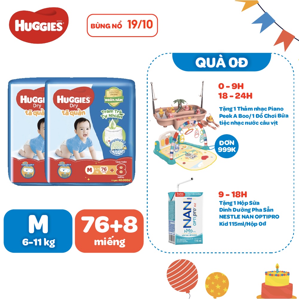 Combo 2 Tã Quần Huggies Tràm Trà Tự Nhiên Dry M76 + Tặng 8 miếng