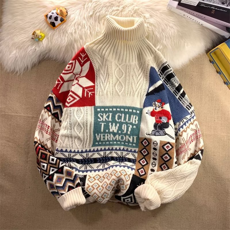 ✦ AFFLIGA ✦Áo Sweater Cổ Cao In Họa Tiết Hoạt Hình Giáng Sinh Thời Trang Mùa Đông 3 Màu Lựa Chọn Cho Nam