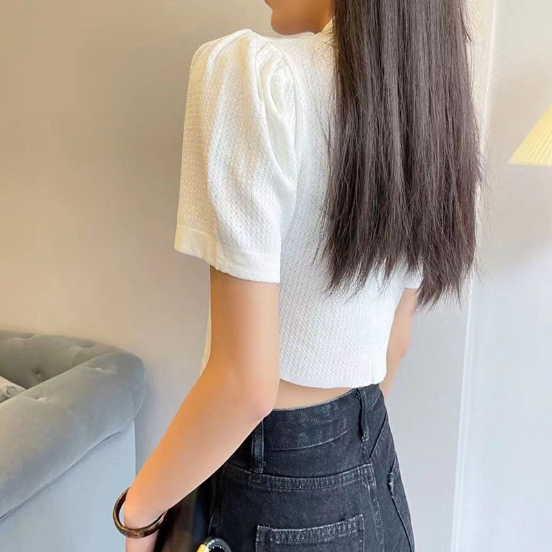 Áo Sơ Mi Tay Ngắn Phồng Phối Cà Vạt Phong Cách Retro Dành Cho Nữ