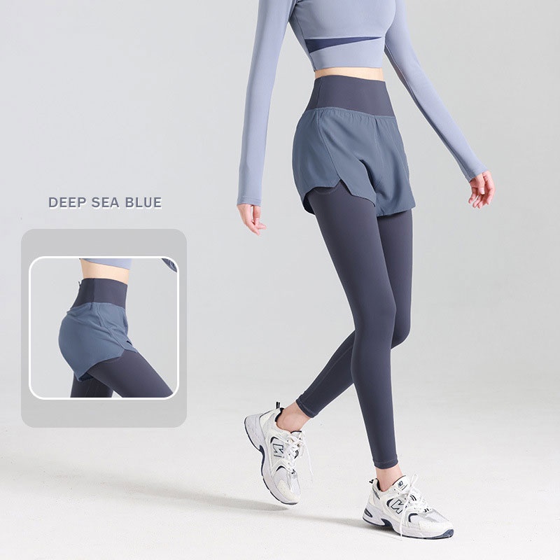 Quần Legging Thể Thao Giả Hai Lớp Lưng Cao Co Giãn Có Túi Dành Cho Nữ