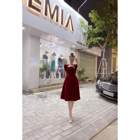 VÁY NHUNG CỨNG DÁNG XOÈ DÀI 105CM TIỂU THƯ KÈM TAG ĐÁ