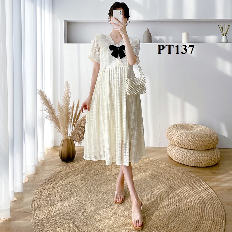 Đầm bầu chất ren nàng thơ ĐẦM BẦU THỎ cổ nơ xinh xắn đi tiệc đi làm sang trọng - PT137