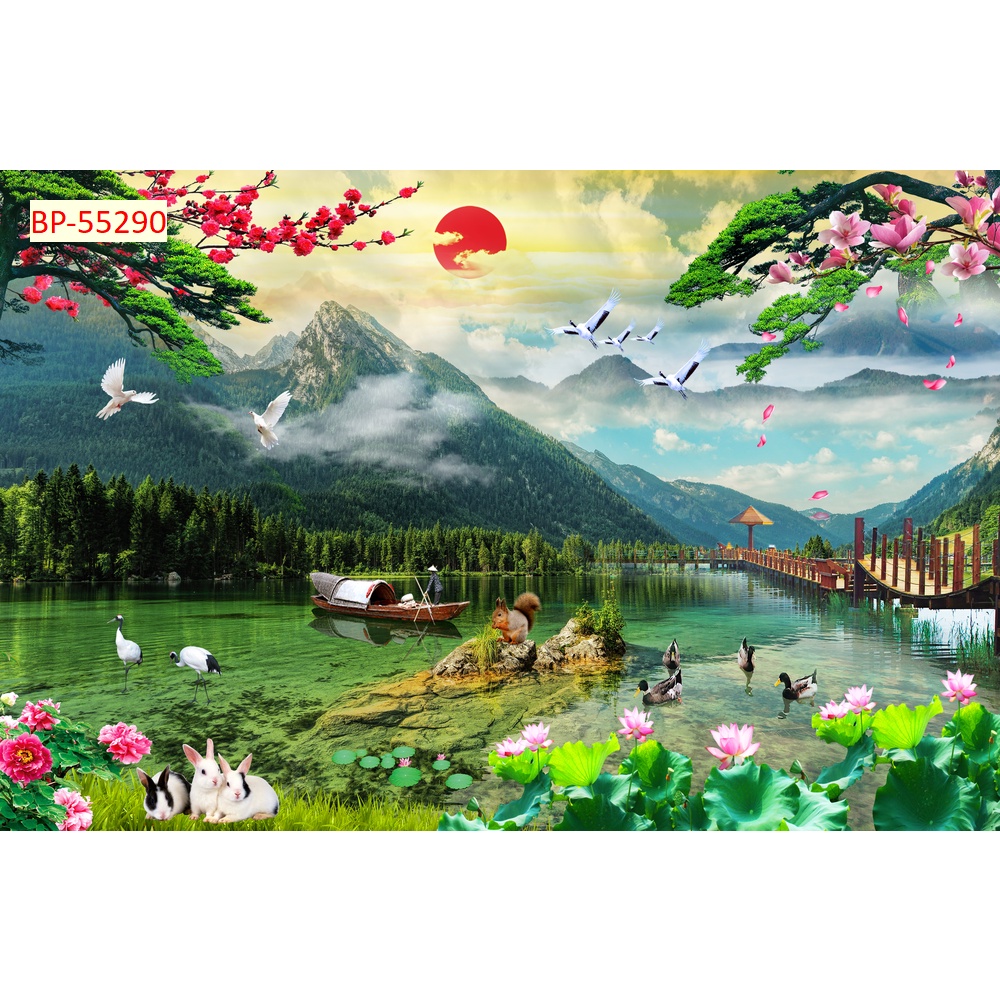 Tranh dán tường vườn hoa nở rộ tuyệt đẹp, trong lành, có không khí mùa xuân đến