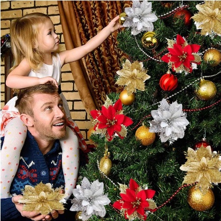 Hoa TRẮNG nhũ kim tuyến nhân tạo 14cm trang trí NOEL giáng sinh , giỏ quà TẾT ( Ảnh + video tự chụp )