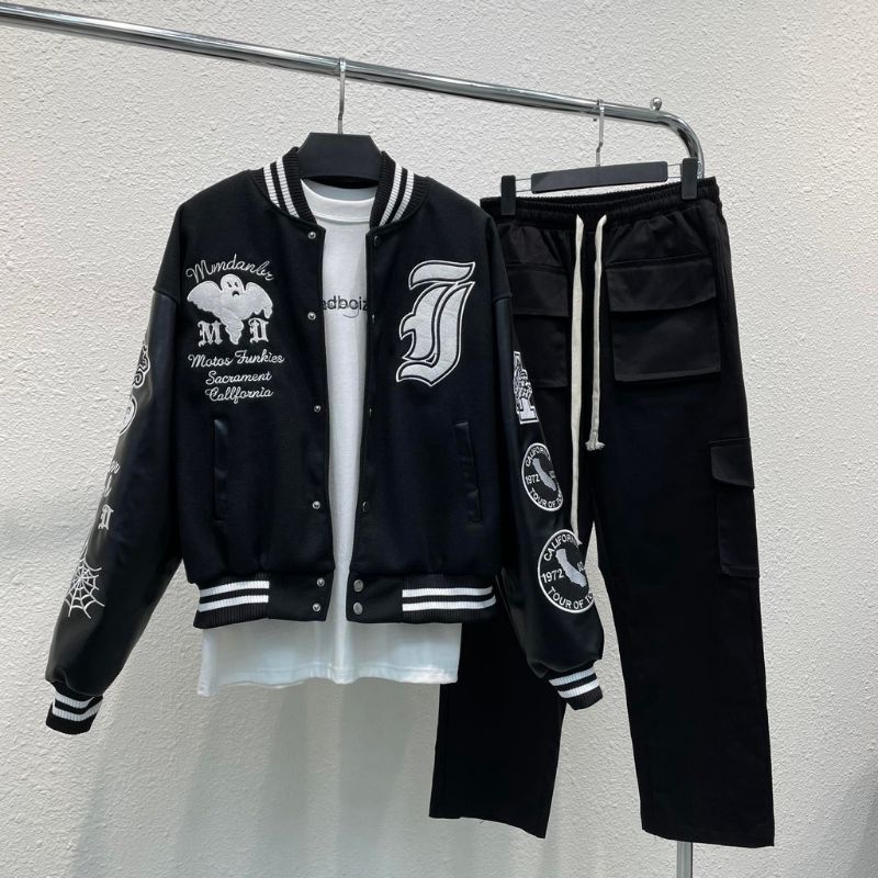 Áo Khoác varsity Thêu họa tiết vintage chất dạ 2 lớp phối tay da Pu cao cấp