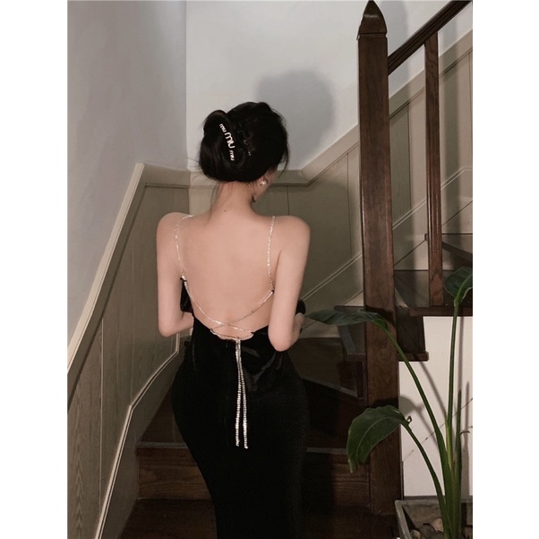 Hàng có sẵn Yona’s Đầm hai dây sexy thiết kế hở lưng xẻ tà dự tiệc phong cách Retro kèm Feelback khách xinh D5B