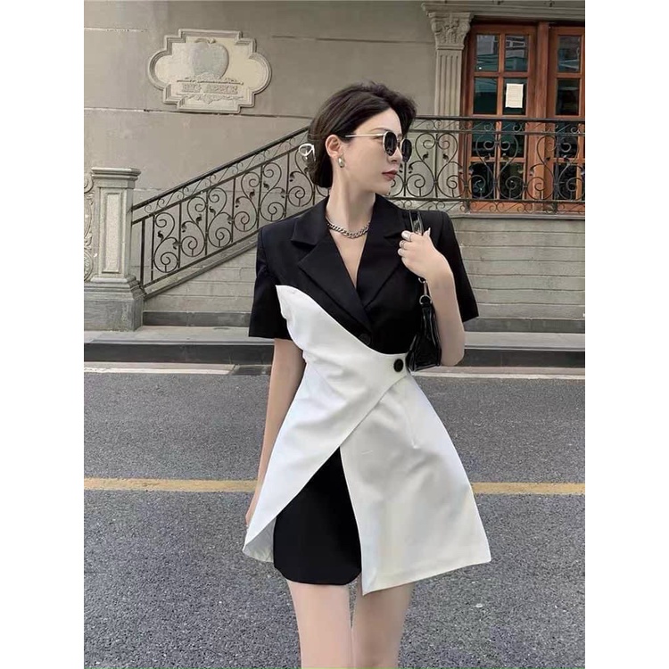 Đầm nữ thời trang mặc đi chơi chất for áo cổ vest tay ngắn phối chéo tà phong cách Hàn Quốc
