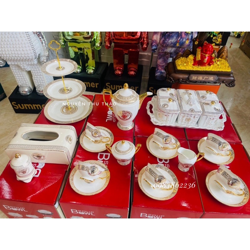 TRÀ SỨ XƯƠNG VERSACE TRẮNG MẠ VÀNG CAO CẤP- BỘ ẤM CHÉN ĐẸP